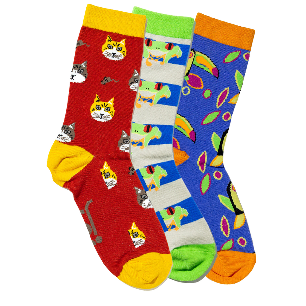3 Pack of Socks - Cat, Frog & toucan designs