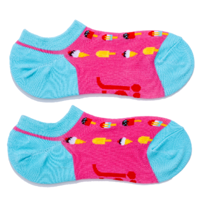 A pair of low-cut ankle socks with a bright pink foot section, light blue toe and heel sections with an assortment of iccreams along the top of the sock
