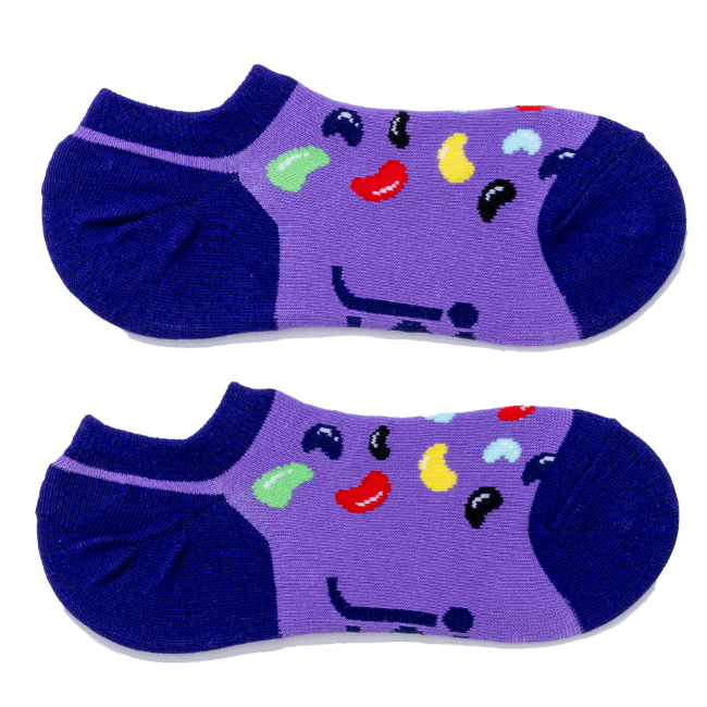 A pair of low-cut ankle socks in purple with a jellybean pattern