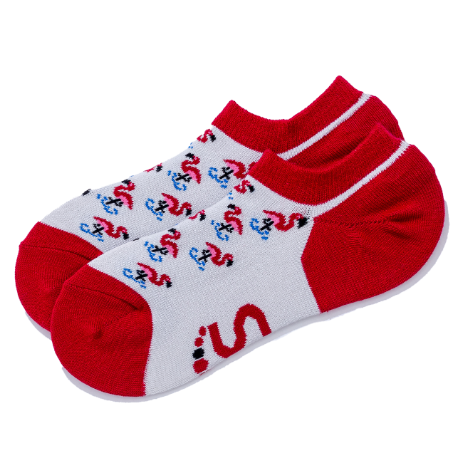 A pair of low-cut ankle socks with a white and red base, featuring a repeating flamingo pattern.