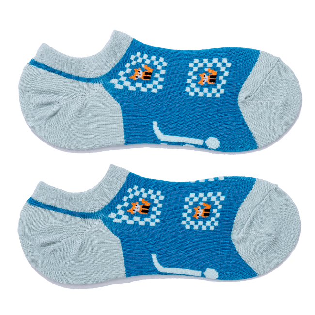 A pair of low-cut socks in light blue and bright blue, featuring a checkerboard pattern with a foxes inside