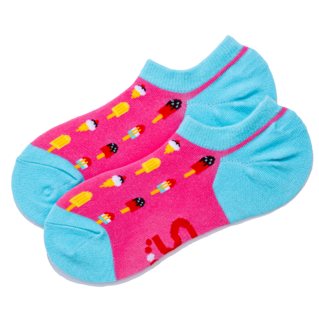 A pair of low-cut ankle socks with a bright pink and light blue color scheme, featuring a pattern of colorful icecreams.