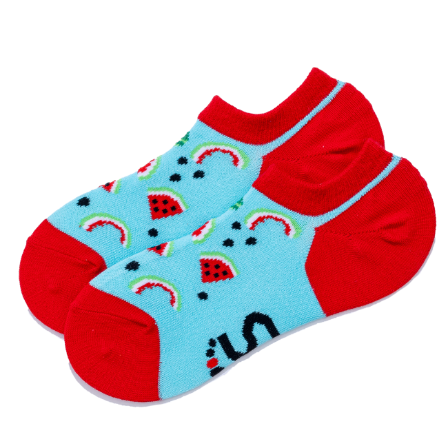 A pair of low-cut ankle socks with a light blue base featuring a watermelon slice pattern, accented with bright red toes, heels, and cuffs