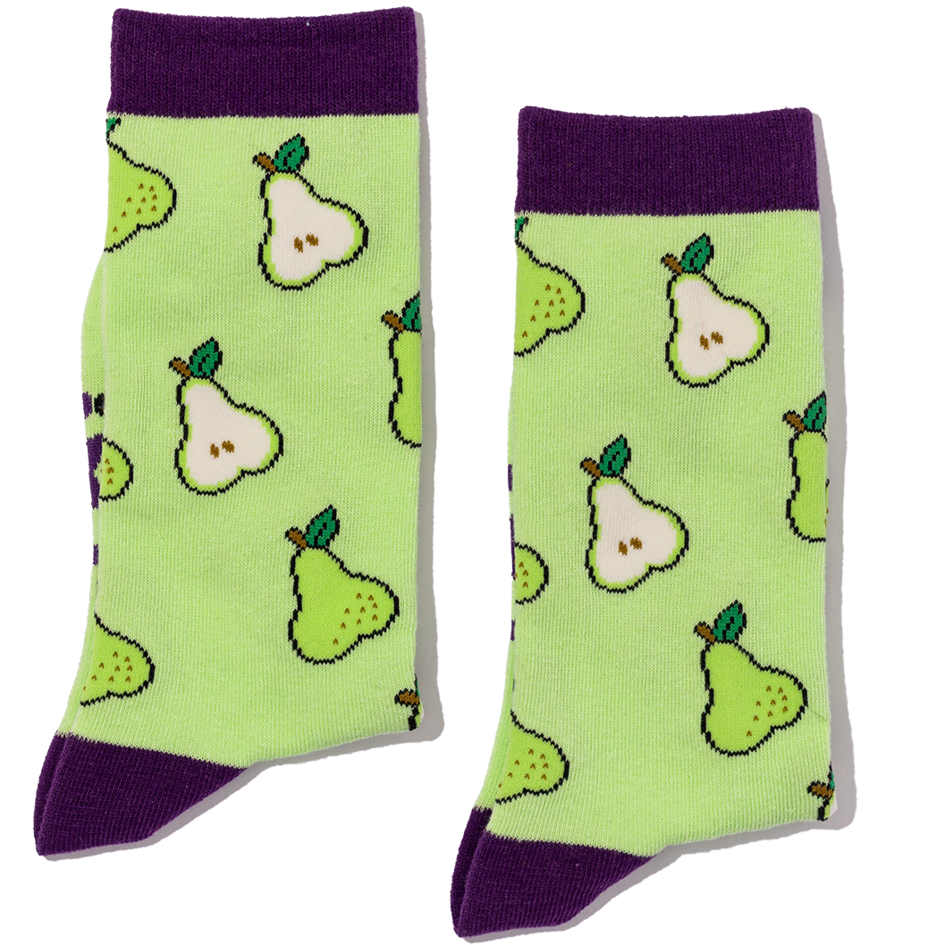 Pair of socks with pear pattern on a light green background