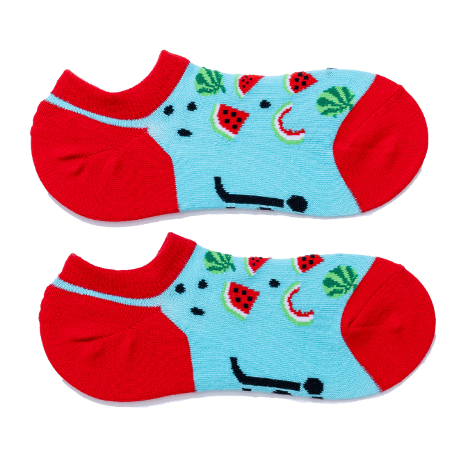 A pair of low-cut ankle socks with a light blue body decorated with watermelon slice patterns, red toes, heel & cuff