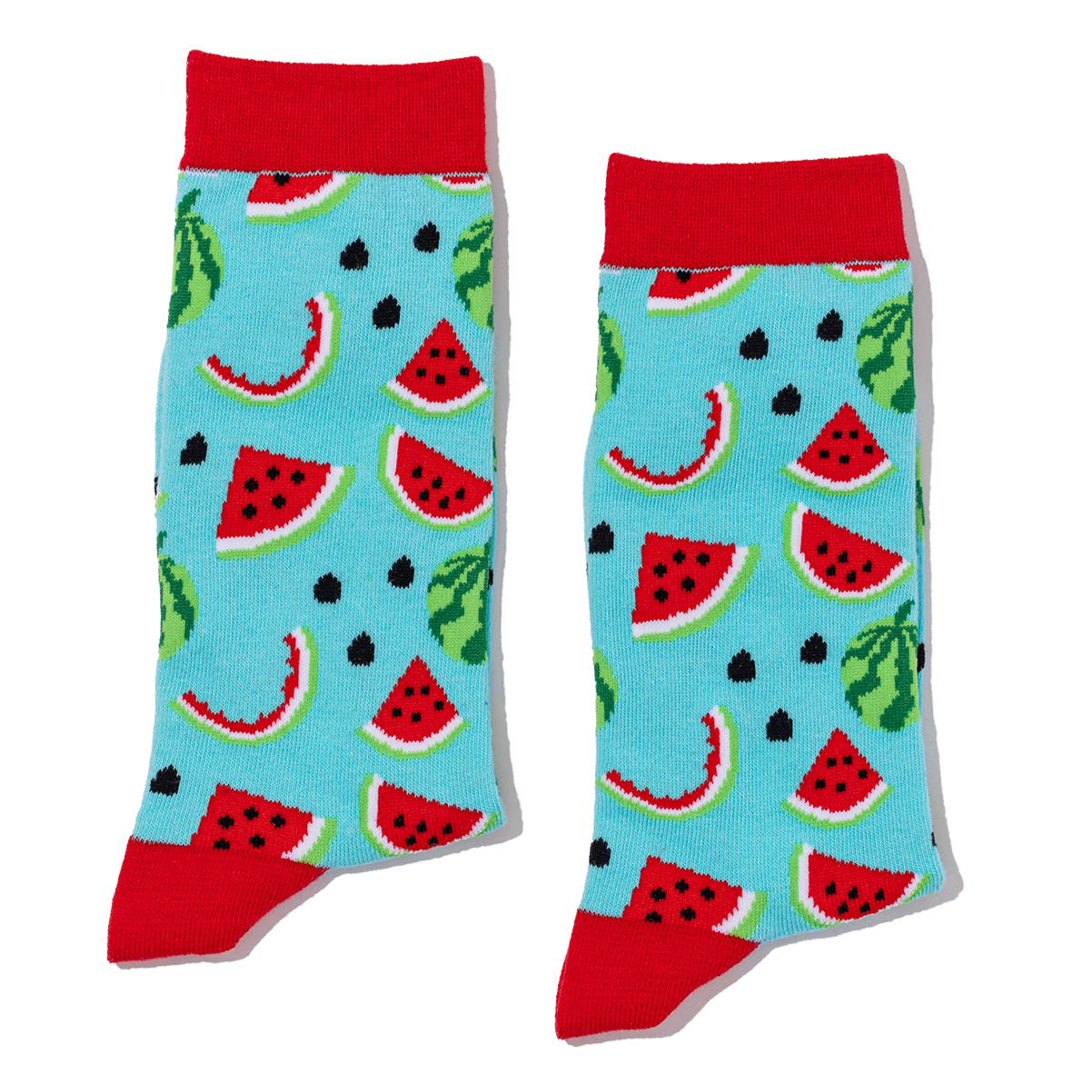 Colorful socks with watermelon pattern on a white background