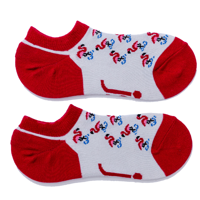 A pair of low-cut ankle socks with a red and white color-blocked design, featuring a flamingo pattern