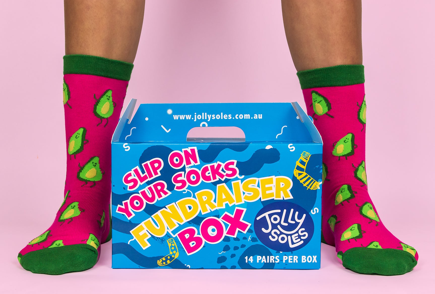 Person wearing avocado socks standing over Sock Fundraiser Box
